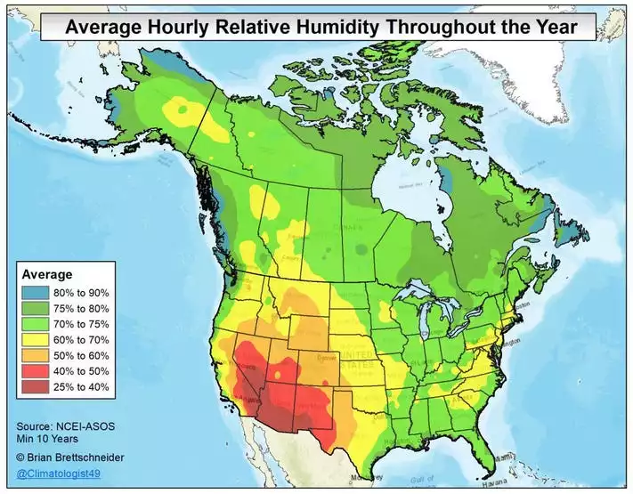 Average Hourly Relative Humidity Chart for North America