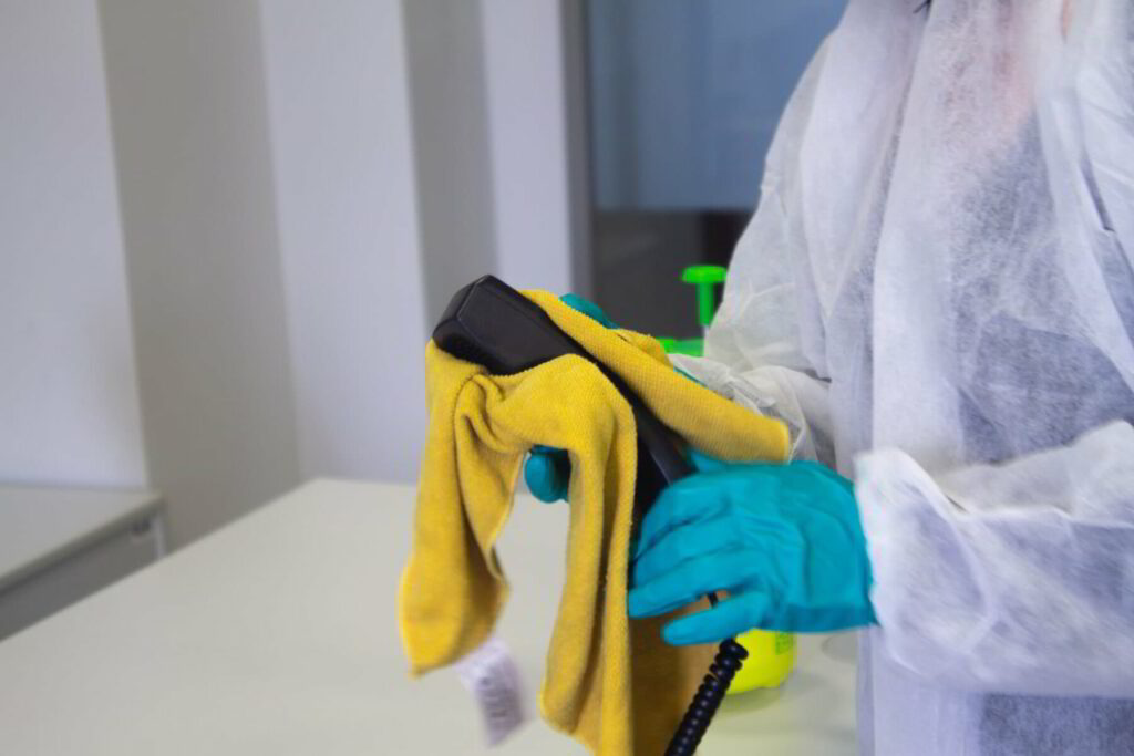 Commercial Cleaning service provider disinfecting a phone