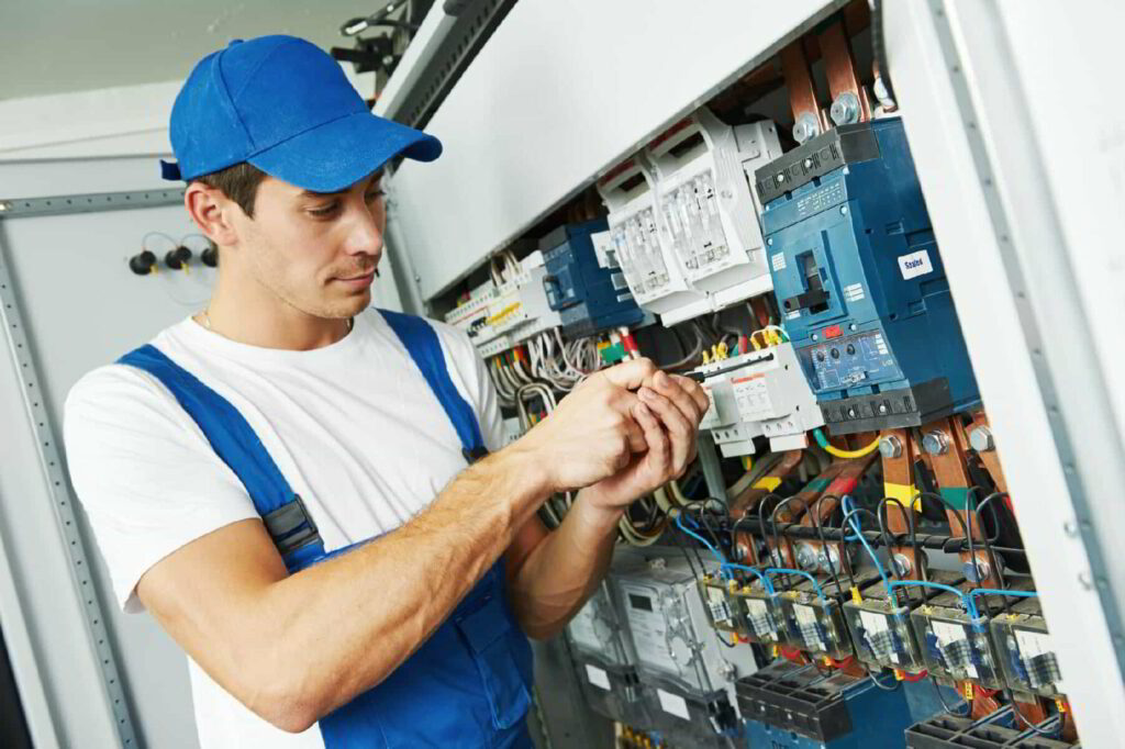 Electrician checking circuit breakers