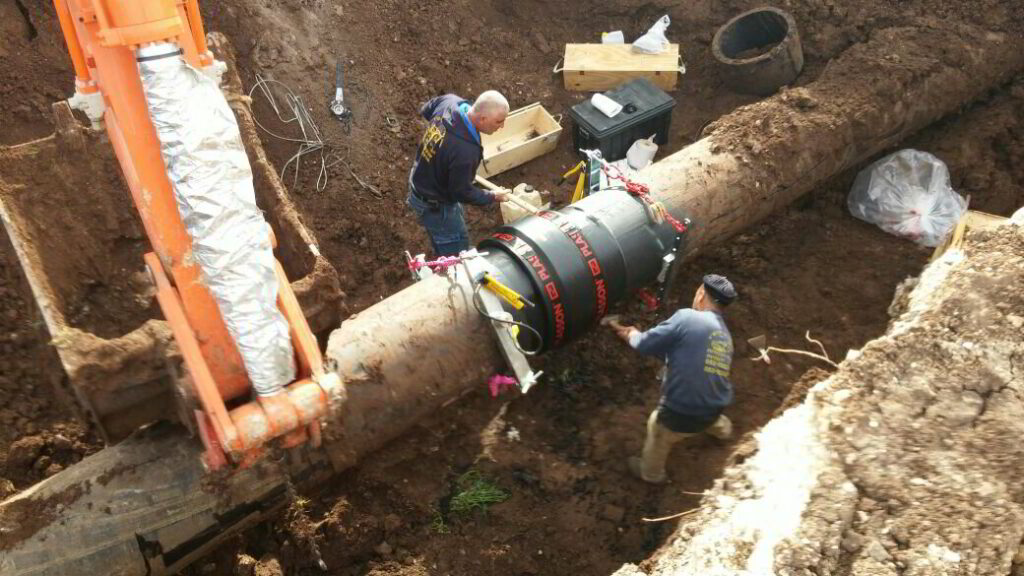 Workers fixing a clogged municipal sewer line