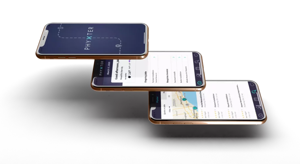3 Phyxter Apps floating on Iphones