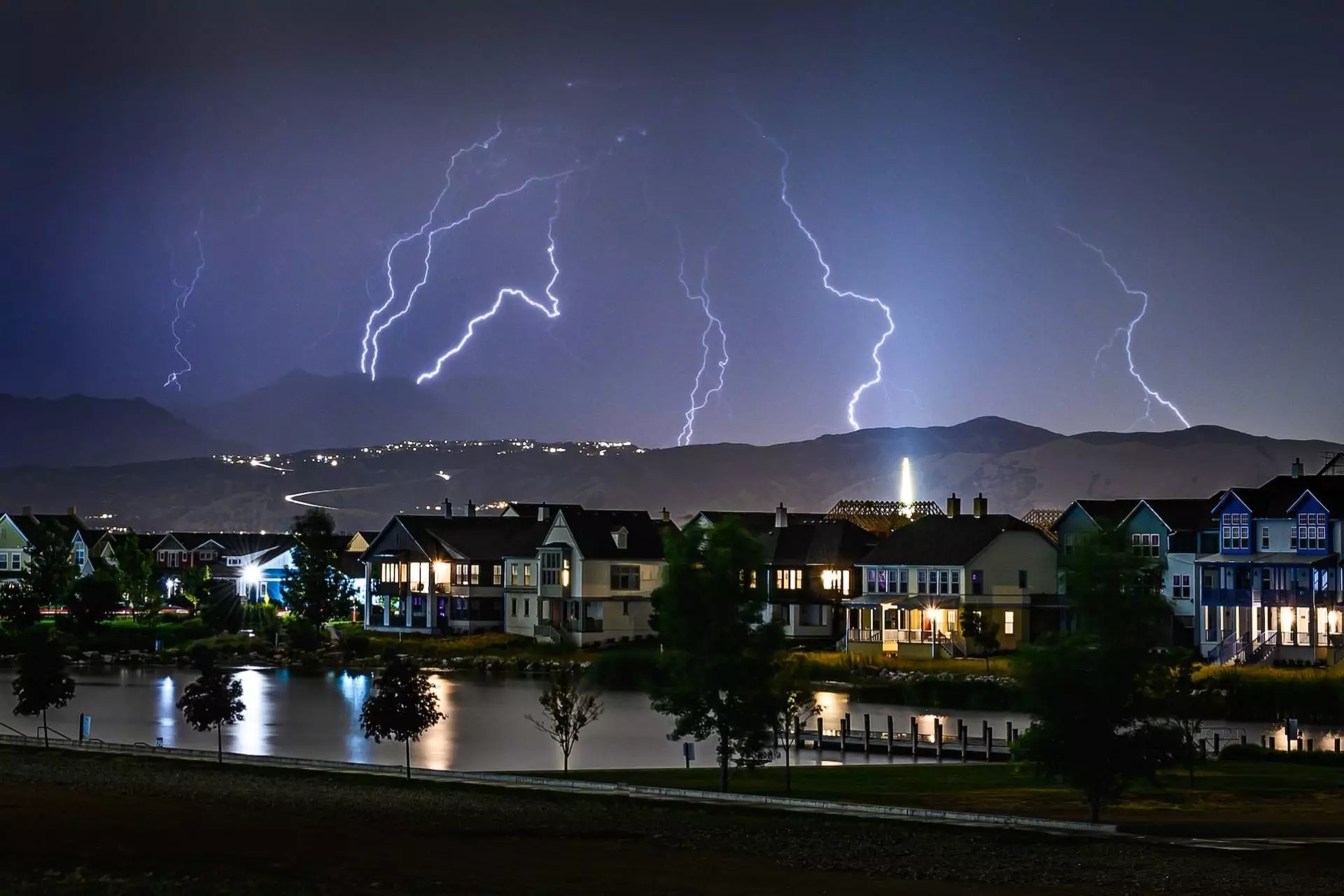 lightning storm over a town
