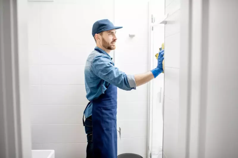 man cleaning bathroom
