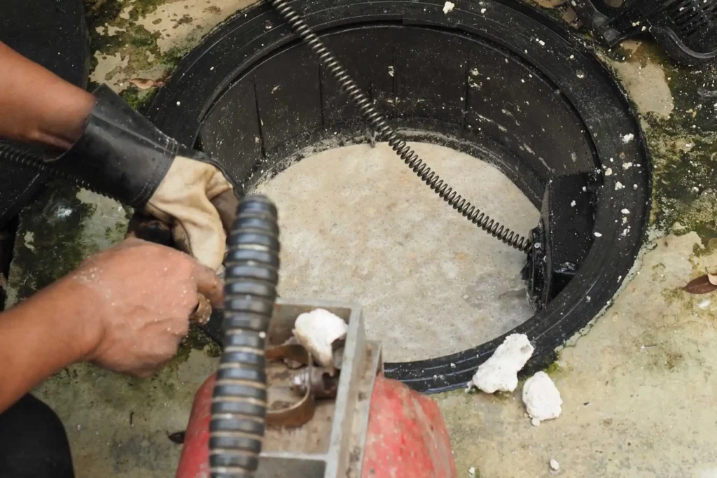 plumbing auger clearing a french drain