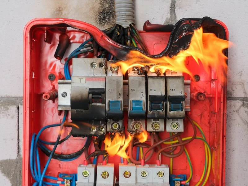 overloaded electrical circuit on fire