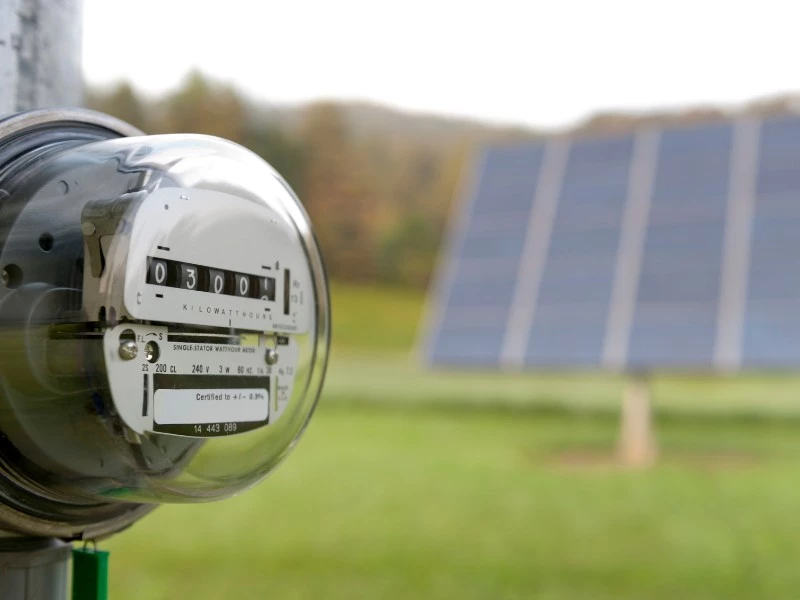 residential electricity meter with solar panels in the background