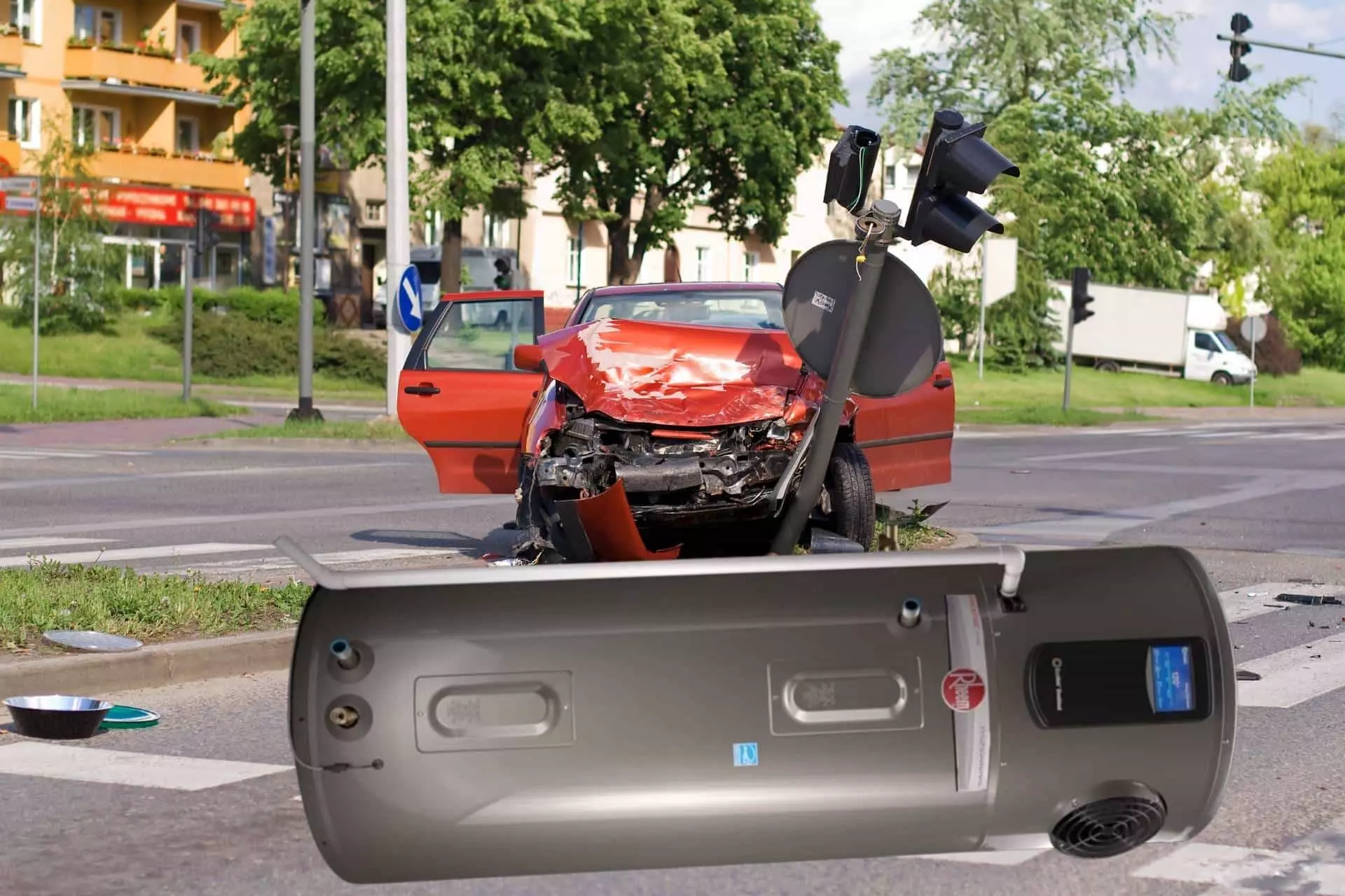 water heater laying on its side in a car crash